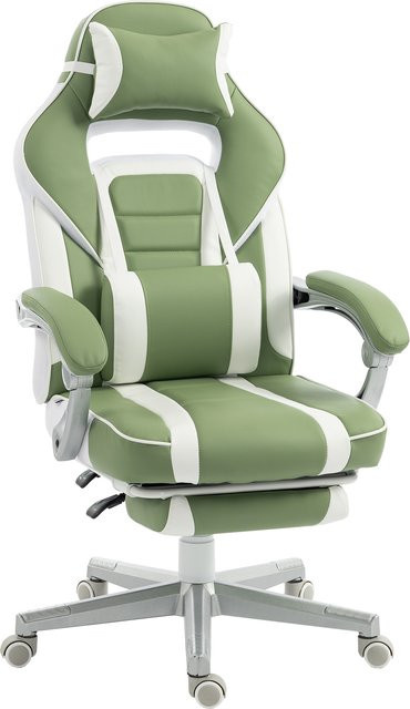 HOMCOM Gaming-Stuhl in Grün und Weiß mit ausziehbarer Fußstütze, Lendenstütze und abnehmbarem Nackenkissen für Büro und Studio - Bild 1