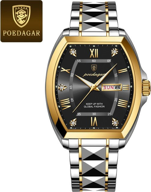 POEDAGAR Armbanduhr Edelstahl, Tonneau, Quarz, beige, Herren - Bild 1