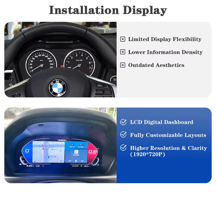 AUTOTOP 11 Zoll Digitales Kombiinstrument mit Linux Wireless Carplay und Android Mirroring für BMW 3er E90 E91 E92 in Schwarz, Auflösung 1920x720P - Bild 2