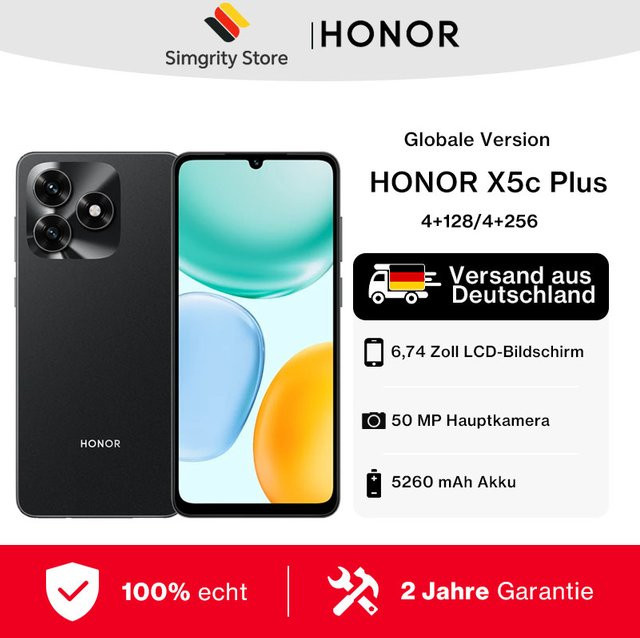 HONOR X5c Plus Smartphone mit 128 GB oder 256 GB Speicher, 6,74 Zoll 90-Hz-Display, 5260-mAh-Akku, 50-MP- + 14-MP-Kamera, MediaTek Helio G81 Octa-Core-Prozessor, MagicOS 9.0 (Android 15) - Bild 1