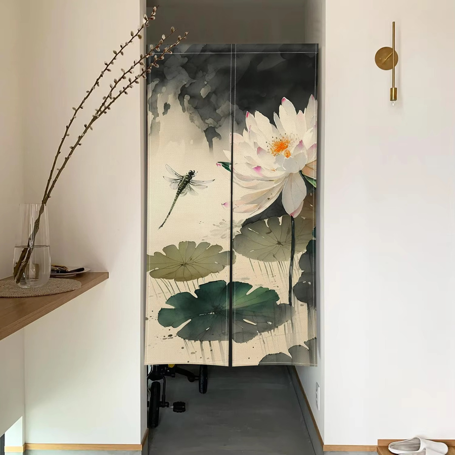 VIKAMA Japanischer Bambus-Lotus-Türvorhang aus Leinen in Multicolour mit Tuschmalerei-Design für Küchen und Eingänge, Breite: 90 cm, Höhe: 65 cm - Bild 2