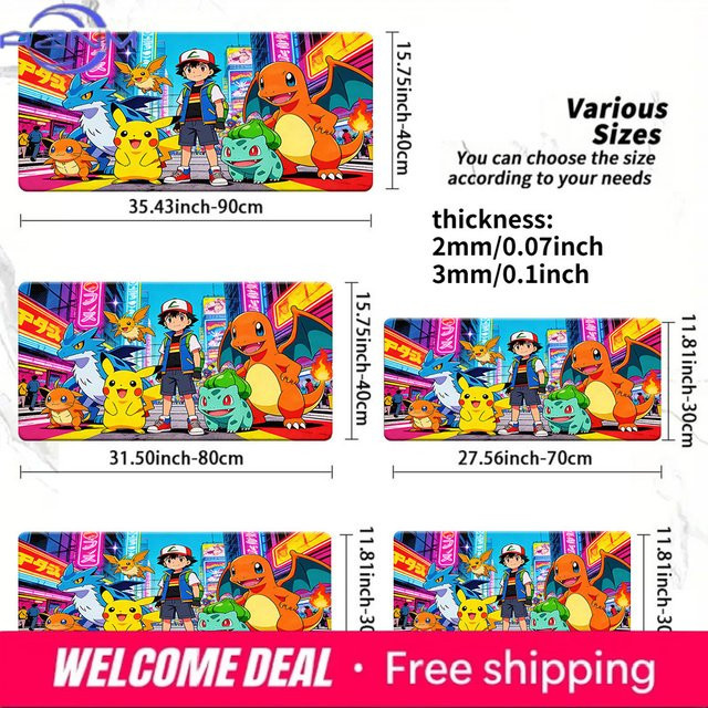 Potdemiel Pokemon Ash & Neon City Starter Team Gaming-Schreibtischunterlage, rutschfestes und waschbares Mauspad, Mehrfarbig - Bild 1