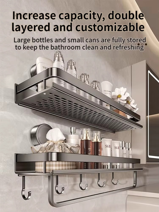 YUNJIEYA Badezimmerregal aus Aluminium mit Saugnapf zur Wandmontage ohne Bohren, Farbe: Silber/Grau - Bild 2