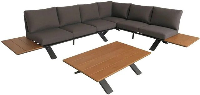 MCW Garten-Garnitur M62 Lounge-Set aus Aluminium in Holzoptik mit anthrazitfarbenem Gestell und dunkelgrauen Sitz- und Rückenpolstern - Bild 2