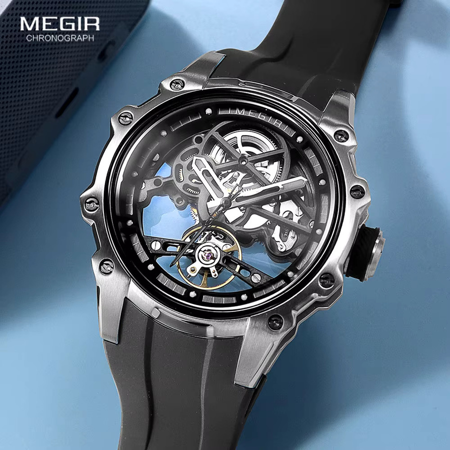 MEGIR Armbanduhr Automatik, Silikonarmband, Herren, Skelett-Zifferblatt - Bild 2