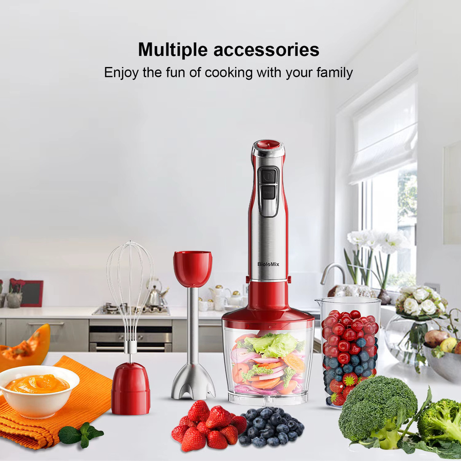 BioloMix 4-in-1-Stabmixer in Rot mit 1200 W, Edelstahl-Tauchmixer mit Zerkleinerer und Smoothie-Becher - Bild 4