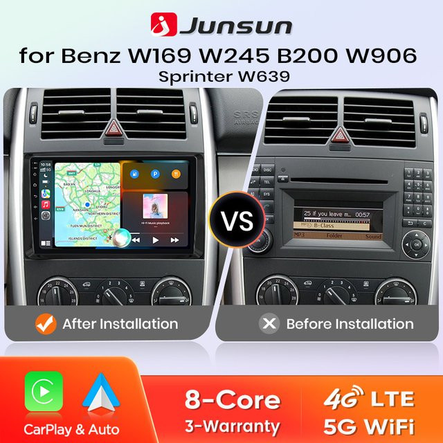 Junsun 8 Core Wireless CarPlay und Android Auto Autoradio mit 4G und WiFi für Mercedes Benz W164 W169 W245 B200 W906 Sprinter W639 Vito in Schwarz - Bild 1