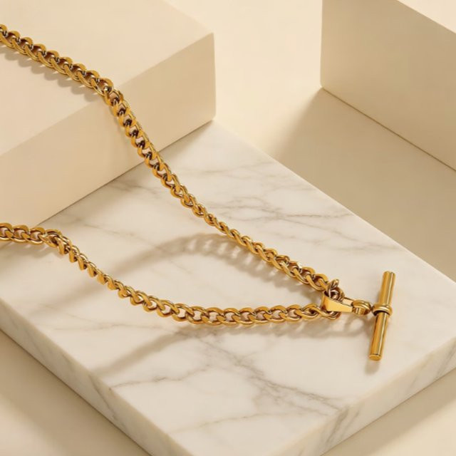 LUXUSTEEL Halskette Edelstahl, 18K vergoldet, T-Stab Anhänger, Unisex - Bild 1