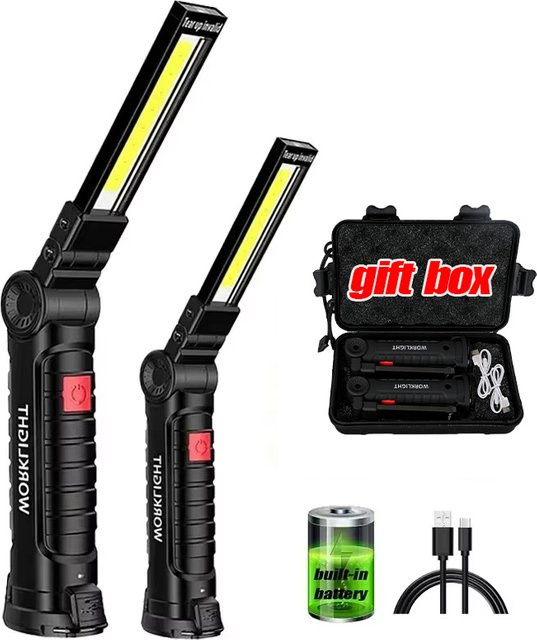 Heinast COB LED Arbeitsleuchte Schwarz, dimmbar, USB-aufladbar mit Magnet und Haken - Bild 1