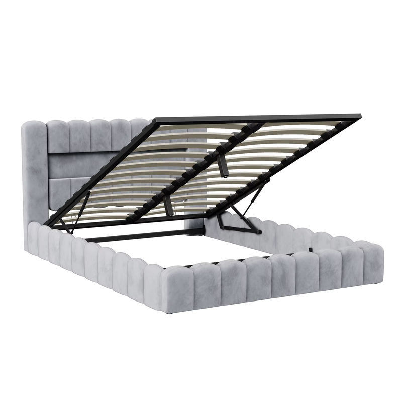 Rosahqnda Hydraulisches Doppelbett aus Samt mit LED-Beleuchtung und USB-Anschluss, Gepolstertes Bett mit Stauraum in Grau, B/T: 180 x 200 cm - Bild 6