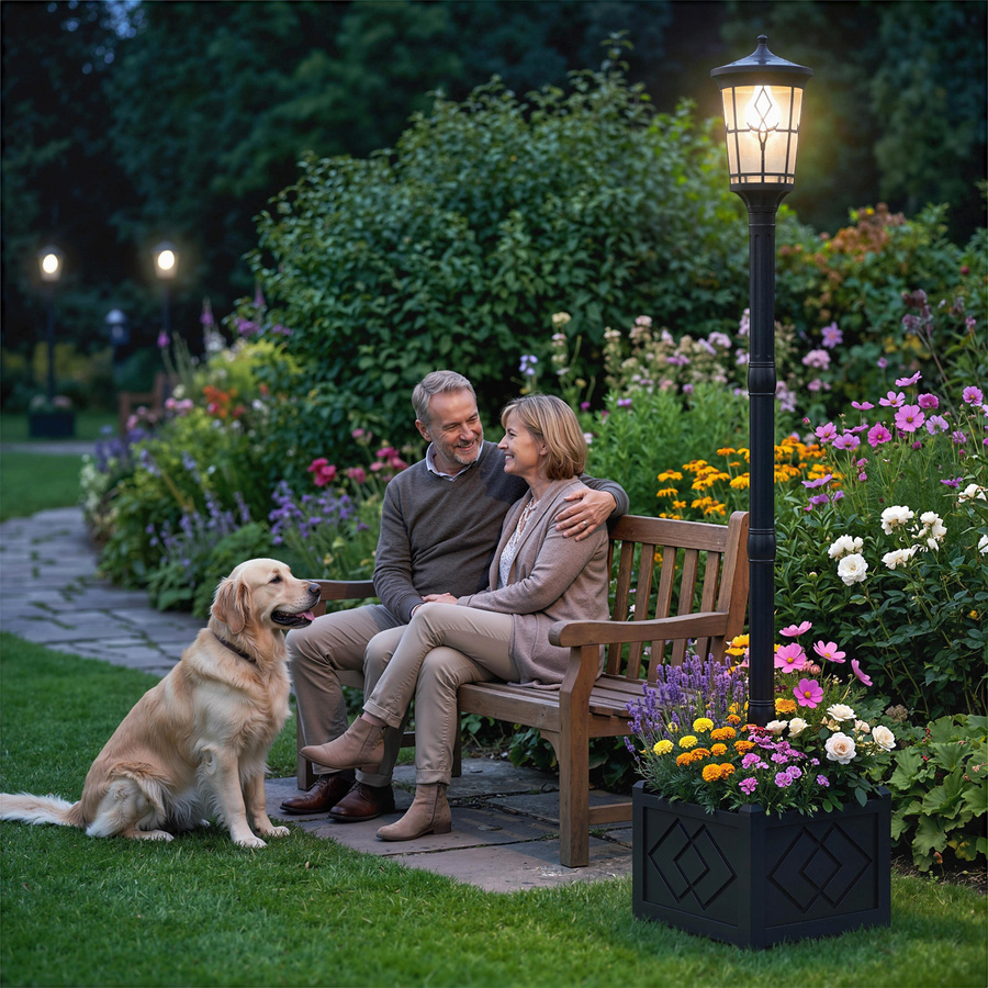 Outsunny Solar-Gartenlaterne mit Pflanzgefäß in Schwarz, LED-Außenleuchte mit 2 Helligkeitsstufen und IP44 Wasserdichtigkeit, B/T/H: 41,5 x 41,5 x 20,25 cm - Bild 2
