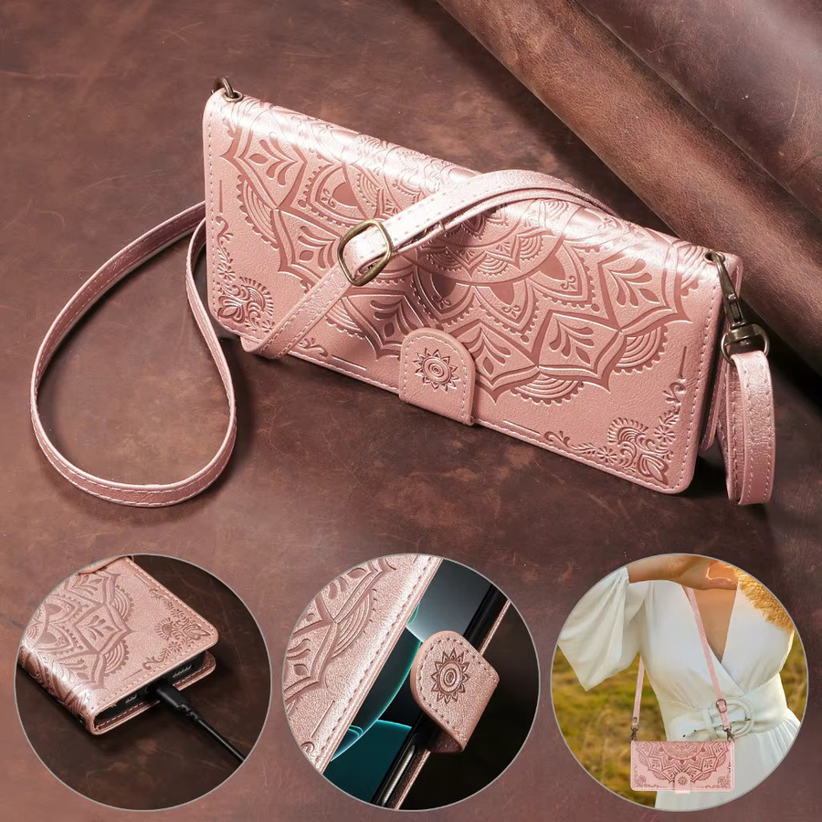 SZMUGUA Crossbody Handyhülle aus geprägtem PU-Leder mit Mandala-Design und Kartenhalter für iPhone, Farbe: Rot - Bild 4