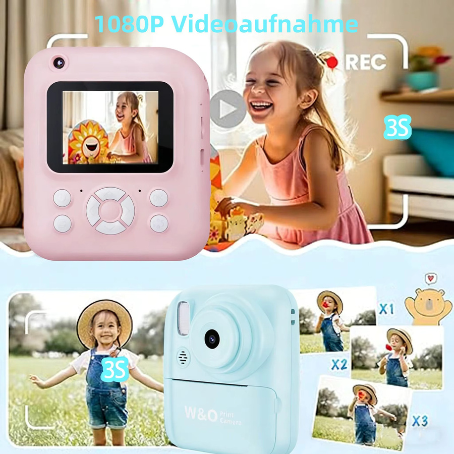W&O Mini-Sofortbildkamera, Tragbare Digitalkamera für Kinder, 2,4 Zoll, 1080P, Dual-Kamera, MP3-Wiedergabe, mit 3 Rollen Druckpapier - Bild 1