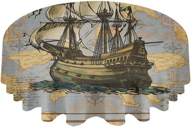 Wasserdichte Tischdecke mit Vintage Segelboot und Anker Motiv sowie 4 passende Tischsets für Hochzeit und Party - Bild 1