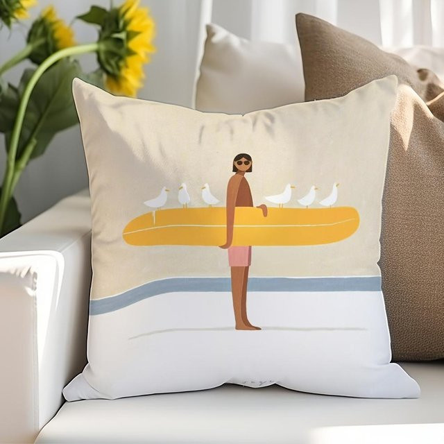 Minimalistischer Kissenbezug von JMG Clothing mit Surfer-Motiv und Möwen in Grau und Beige, B/H: 40 x 40 cm - Bild 1