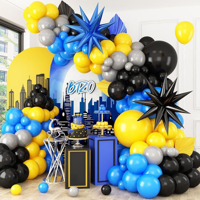 RENYUAN Ballonbogen-Set mit Stern-Folienballons in Blau, Gelb, Schwarz und Grau für Kindergeburtstage und Abschlussfeiern - Bild 1