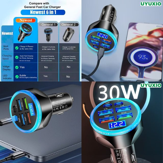 UYUXIO 6-Port Auto-Ladegerät mit LED-Digitalanzeige und 30W PD USB-C Anschluss in Schwarz - Bild 1