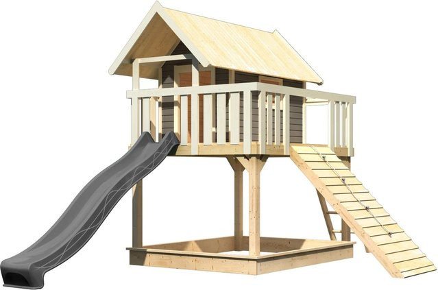 Karibu Stelzenhaus Fidel aus Massivholz mit Rutsche und Holzrampe in Natur-Grau - Bild 1
