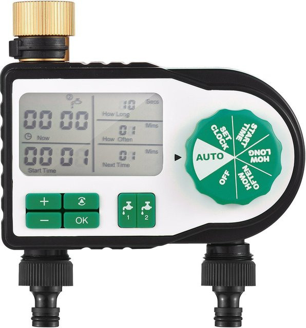 TOMTOP JMS Digitaler automatischer Bewässerungstimer mit LCD-Display und 2 Schlauchanschlüssen, programmierbarer Gartenbewässerungs-Timer in Grün - Bild 1
