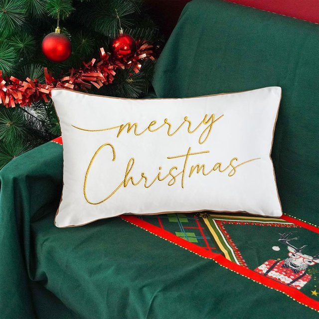 Inyahome Kissenbezüge Merry Christmas, Weiß, B: 30 cm, bestickt in Gold, Rot und Grün - Bild 1