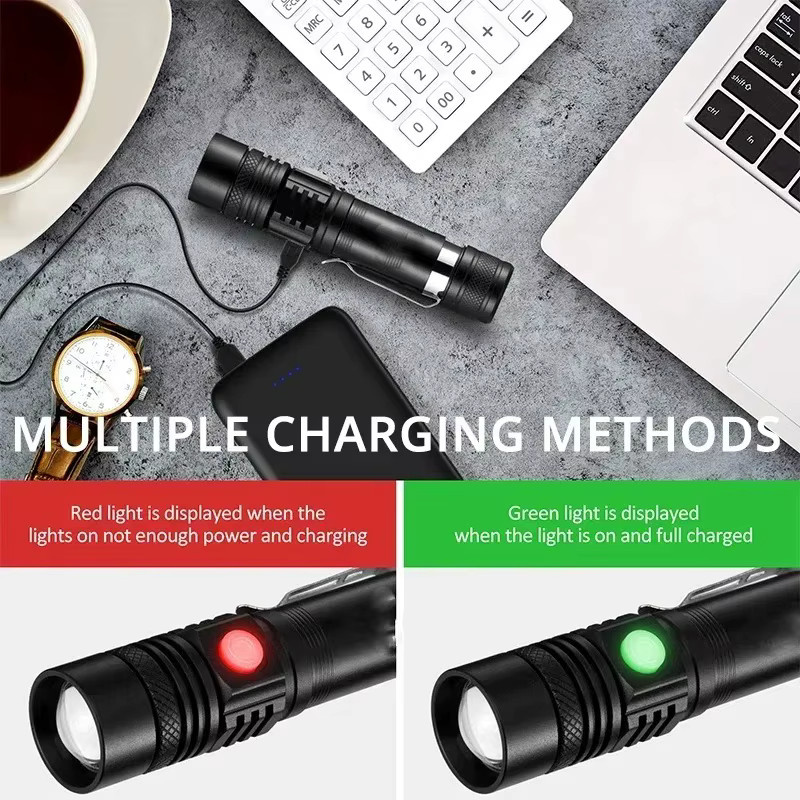 Taktische LED-Taschenlampe aus Aluminiumlegierung in Schwarz, USB-aufladbar und wasserdicht für Outdoor und Camping - Bild 3
