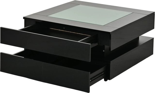 Merax Couchtisch aus Glas mit LED-Schubladen in Schwarz, B/T/H: 70 x 70 x 35 cm - Bild 1