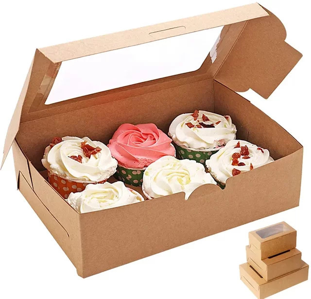 10er Set transparente Fenster Gebäckboxen aus Kunststoff und Papier für Cupcakes, Kuchen und Kekse in Weiß und Braun - Bild 1