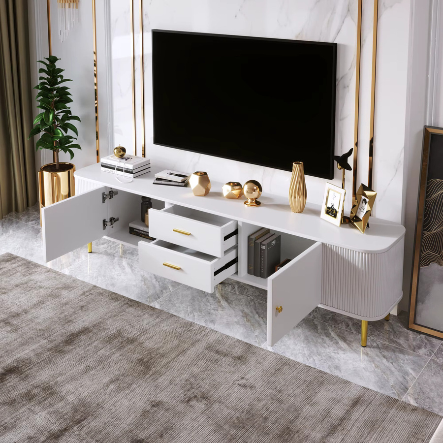 Anajqaqia Moderner TV-Schrank mit Schubladen und gebogenen Ecken in Weiß, B/T/H: 170 x 34 x 45 cm - Bild 2
