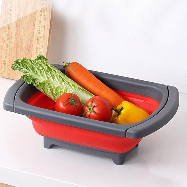 Zusammenklappbarer rechteckiger Silikon-Abflusskorb von MYVIT in Grün als einziehbarer Wasserfilterkorb für Obst und Gemüse - Bild 1