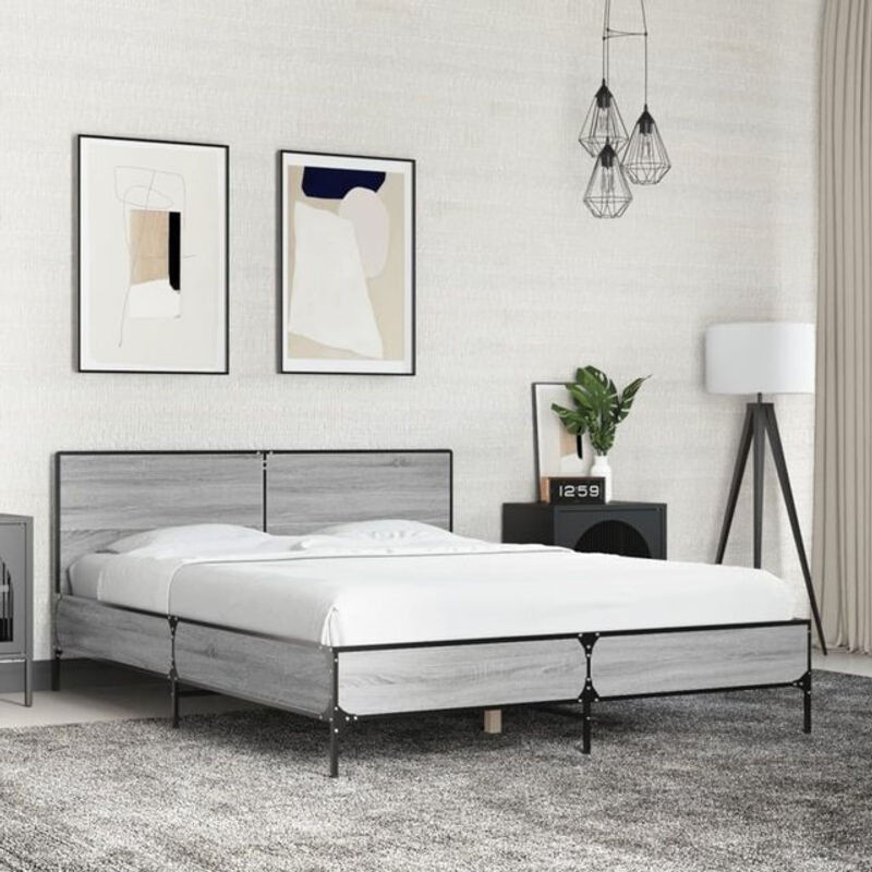 Bettgestell Vidaxl in Grau Sonoma aus Holzwerkstoff und Metall im Industrial Design, B/T: 120 x 200 cm - Bild 1