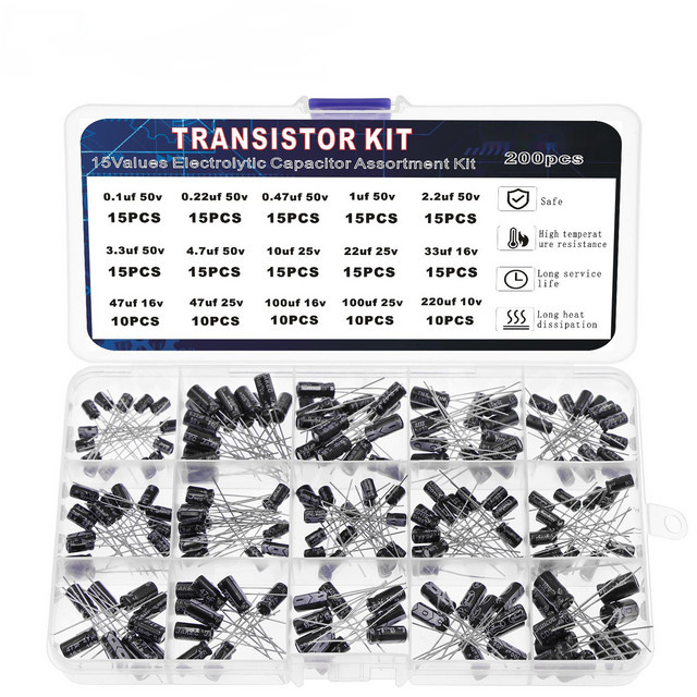200-teiliges Elektrolytkondensator-Sortiment-Set in Schwarz mit 15 Werten von 0,1 uF bis 220 uF (10 V, 16 V, 25 V, 50 V) - Bild 1