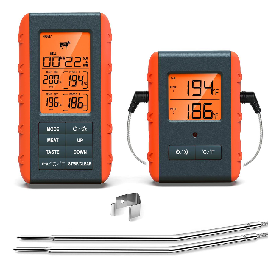 TOMTOP JMS Kabelloses digitales Fleischthermometer mit 2 Sonden in Orange zum Grillen und Kochen - Bild 3