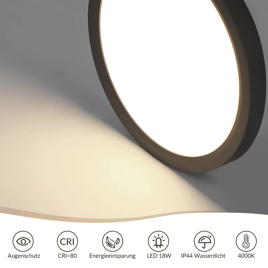 NETTLIFE LED-Deckenleuchte Schwarz, 18W, rund, Durchmesser: 23 cm, Höhe: 2,4 cm, IP44 wasserdicht - Bild 2