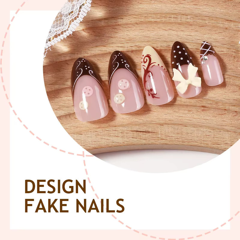 YADORNOS Press On Nails, 24 Stück, Braun, Blumen-Plaid-Design, Glänzend - Bild 2
