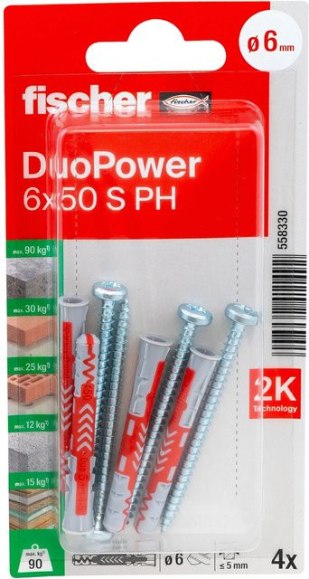 Fischer Universaldübel DuoPower S aus Nylon, 6 mm x 50 mm, 4 Stück - Bild 1