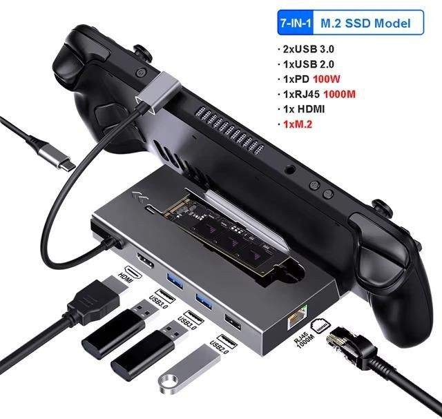 Kebidumei 7-in-1 Dockingstation Typ C für Steam Deck mit M.2 SSD NVMe SATA Support, 4K@60Hz HDMI, PD 100W und Gigabit Ethernet RJ45, USB 3.0 Hub, grau - Bild 1