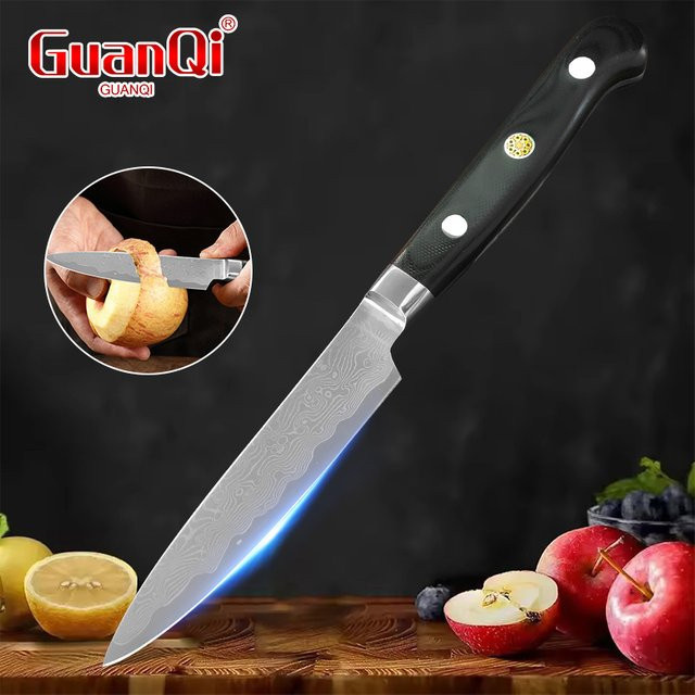 GuanQi Damaskus Kochmesser mit G10 Griff als Obstmesser und Fleischschälmesser in Silber - Bild 1