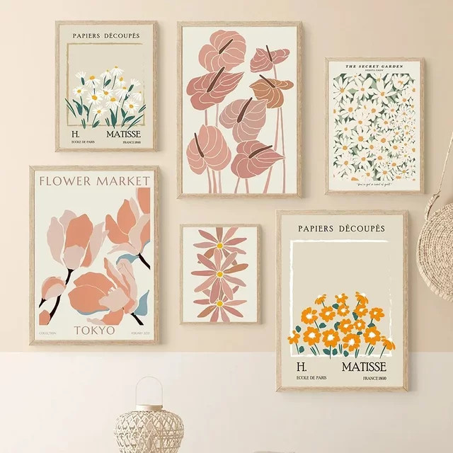 Potdemiel Leinwandbild Blumenmarkt Matisse Formen Abstrakte Botanische Wandkunst Mehrfarbig - Bild 1