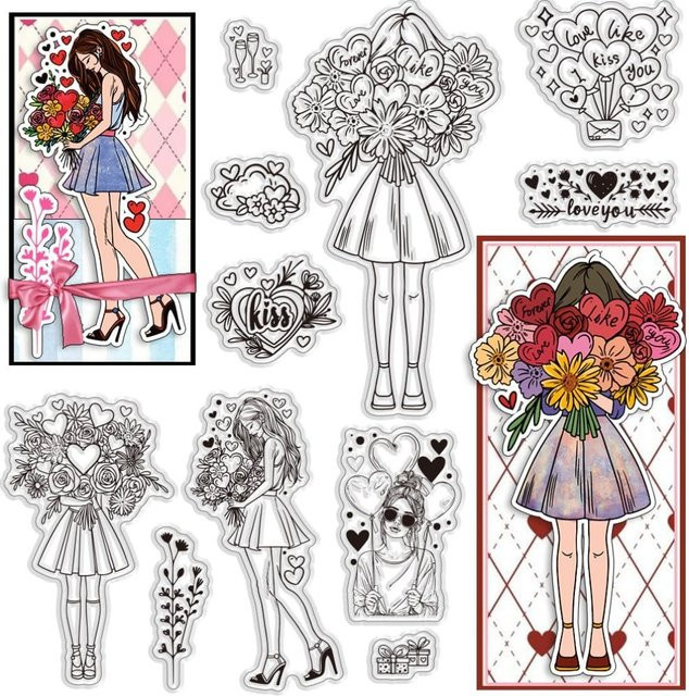 11-teiliges transparentes Stempel-Set aus Kunststoff mit Blumen- und Kuss-Motiven für Scrapbooking, Journaling und Bastelarbeiten - Bild 1