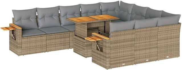 vidaXL 11-tlg Garten-Sofagarnitur in L-Form aus Polyrattan und Akazienholz mit Kissen in Beige-Grau - Bild 1
