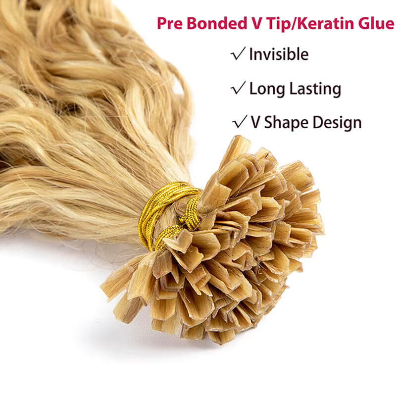 WXMY Echthaar-Extensions Wasserwellen-V-Tip, Blond, Keratin Fusion, 14-26 Zoll - Bild 2