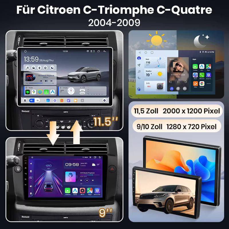 Junsun Android 15 Autoradio für Citroen C4 C-Triomphe Quatre 2004-2014 mit 9 Zoll IPS-Bildschirm, kabellosem Apple CarPlay und Wi-Fi in Schwarz - Bild 2