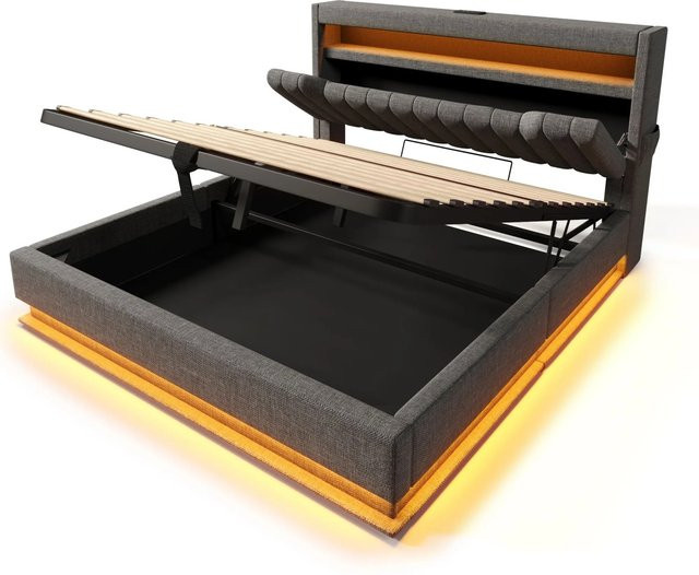 okwish Polsterbett Grau mit LED-Beleuchtung, USB-Anschluss und Stauraum B/T/H: 160 x 200 x 112 cm - Bild 1