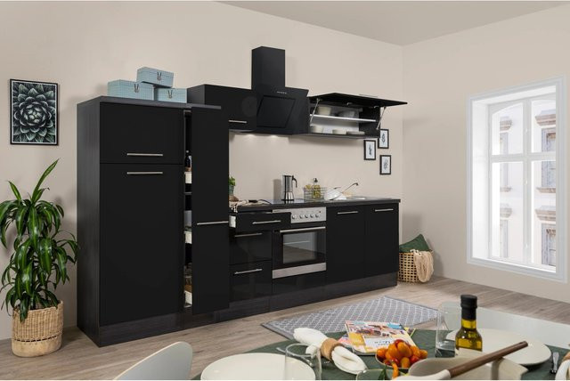 Respekta Premium Küchenzeile modern in Schwarz Hochglanz und Grau mit Soft-Close-Türen und Schubladen, Breite: 300 cm - Bild 1