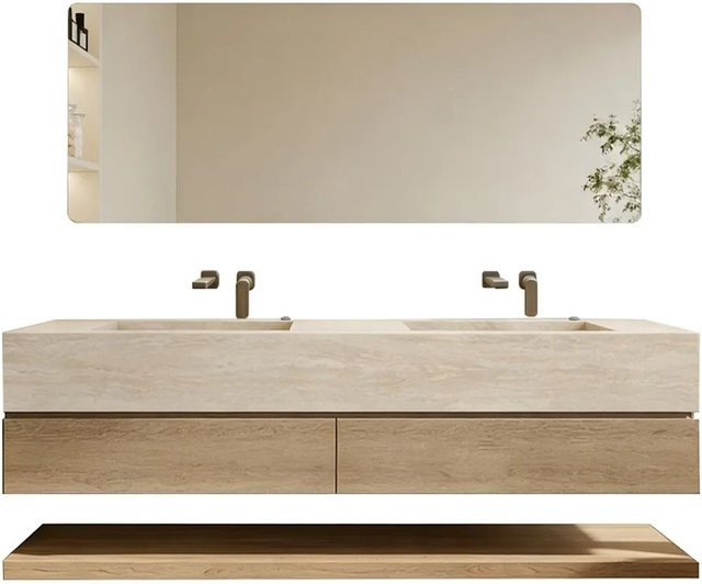 360Home Badmöbel Set mit Sinterstein Doppelwaschbecken in Travertine Look Beige, inklusive Unterschrank, Spiegelschrank mit LED-Beleuchtung und Anti-Beschlag-Funktion, B/T/H: 150 x 55 x 130 cm - Bild 1