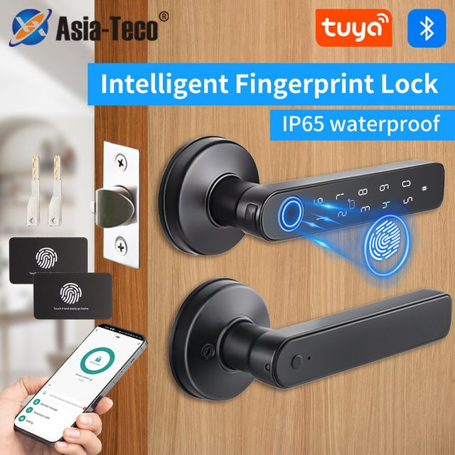 Asia-Teco M5 Tuya BLE Fingerabdruck-Türschloss in Schwarz mit Passwort, Schlüssel, IC-Karte und Smartlife/Tuya App Steuerung - Bild 1