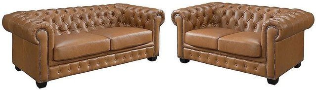 Vente-unique Couchgarnitur Brenton in Camel, Chesterfield Ecksofa aus Kunstleder mit 3-Sitzer und 2-Sitzer, B/T/H: 201 x 160 cm - Bild 1
