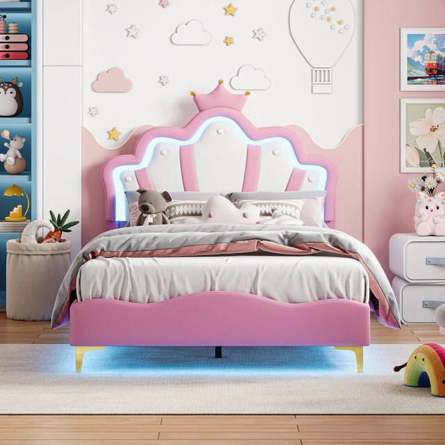 Rosahqnda Kinderbett mit kronenförmigem Kopfteil und Lattenrost, gepolstertes Doppelbett aus PU-Leder, Rosa/Weiß, B/T/H: 140 x 200 cm - Bild 1