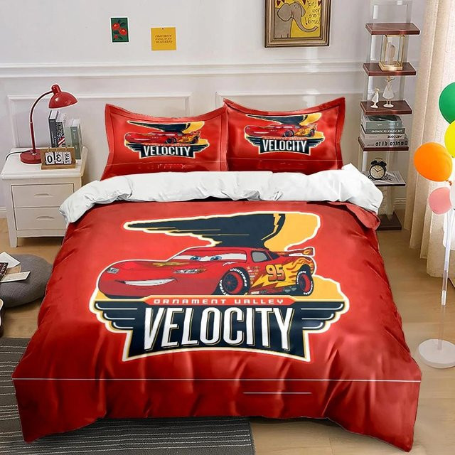 Somelli Bettwäsche-Set Lightning McQueen mit personalisierbarem Namen, rot, Cartoon-Auto-Print, Material: Polyester/Mikrofaser, B/H: 100 x 135 cm, Set bestehend aus 1 Bettbezug und 2 Kissenbezügen - Bild 1