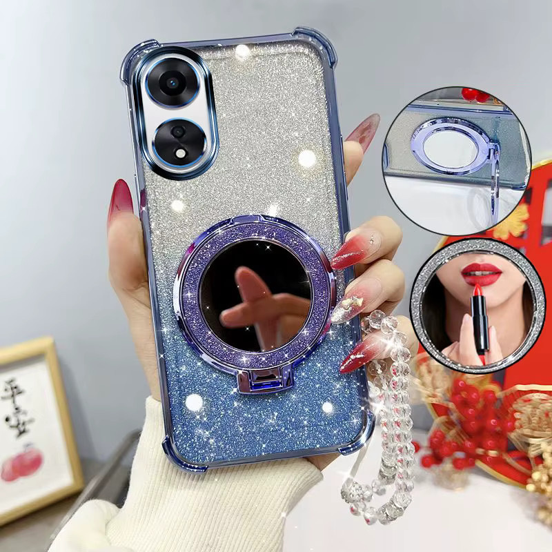 Stoßfeste Handyhülle mit Glitzer-Effekt, Spiegelständer und Perlenarmband für Oppo A78, A58 und A78 5G in Schwarz - Bild 2